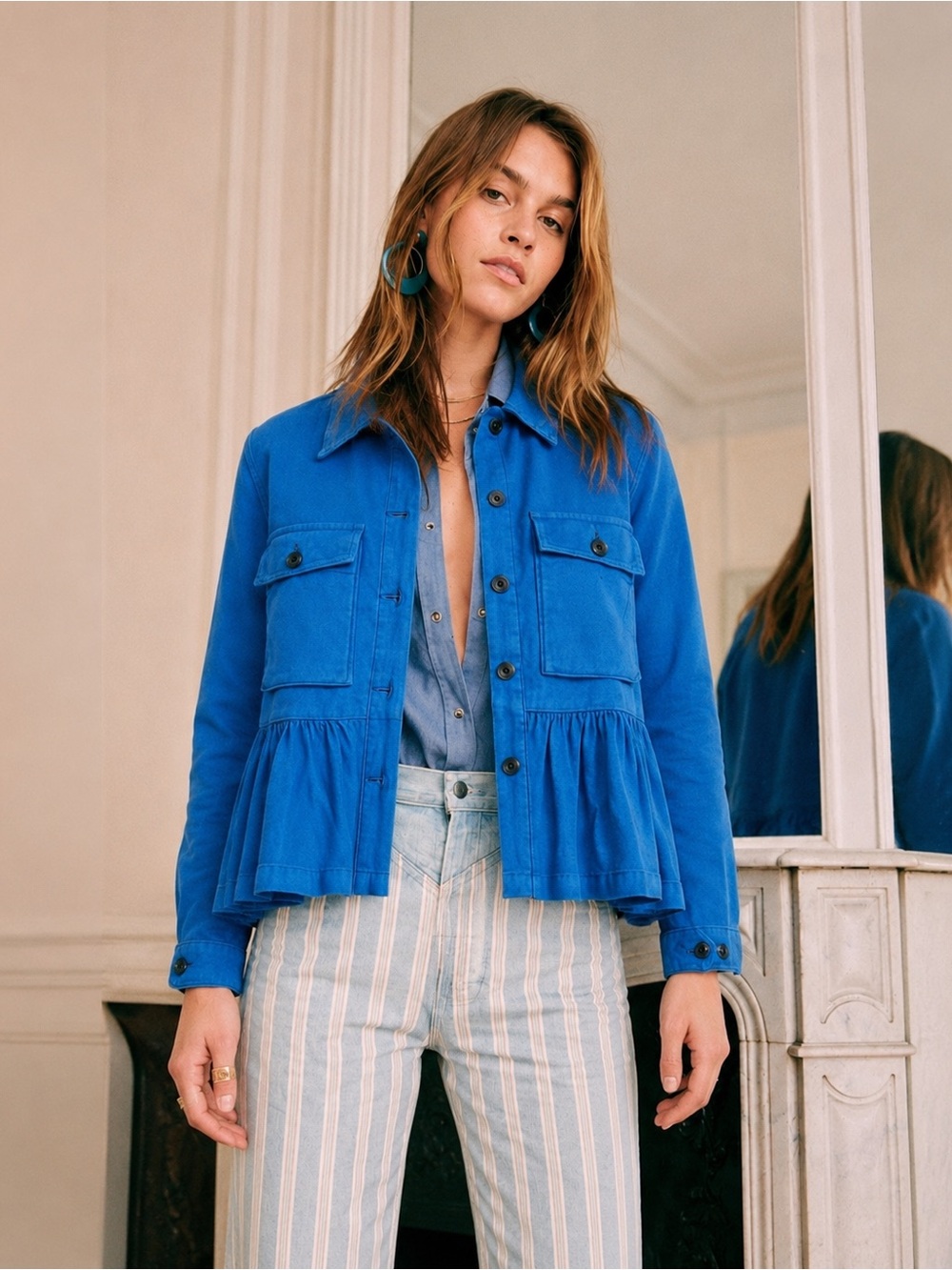 New! THE GREAT. Flutter Army Jacket Utility Ruffle Hem Blue 💙 XS